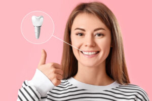 a woman smiling with an illustration highlighting her tooth implant