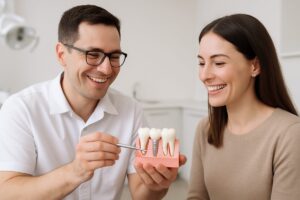 Photo of a dentist consultating with a patient about dental implants, the dentist is pointing to a model of teeth with implants and crowns, both dentist and patient are smiling. No text on image.