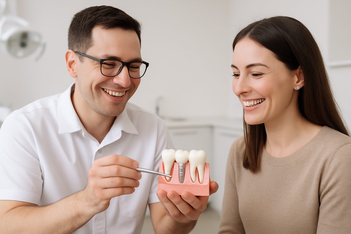 Photo of a dentist consultating with a patient about dental implants, the dentist is pointing to a model of teeth with implants and crowns, both dentist and patient are smiling. No text on image.