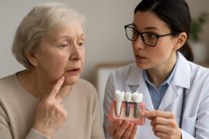 A concerned elderly patient is pointing to their lower jaw while talking with their dentist about tooth implant long term side effects. The dentist is holding a model of a jaw with implants in it. No text on image.