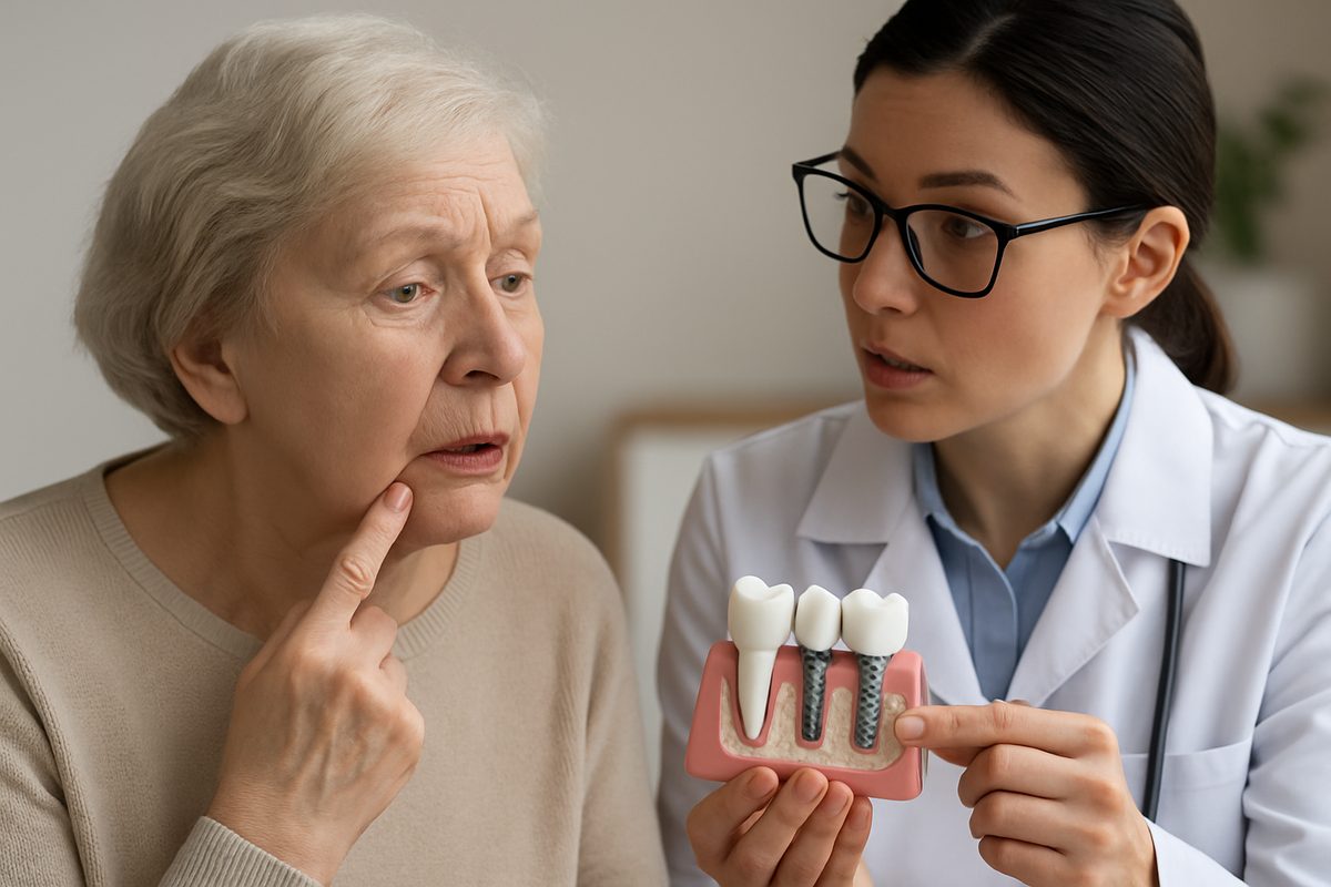 A concerned elderly patient is pointing to their lower jaw while talking with their dentist about tooth implant long term side effects. The dentist is holding a model of a jaw with implants in it. No text on image.