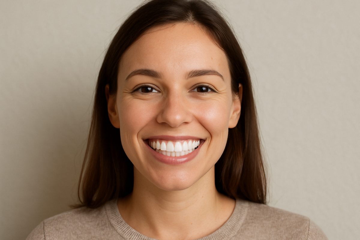 Photo of a person smiling with a full set of permanent, white, and healthy looking teeth. The person is facing the camera with a neutral background. No text on the image.