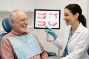 Smiling senior patient in a dental chair, consulting with a friendly dentist about denture options. The dentist is pointing to a digital display showing different denture types. No text on image.