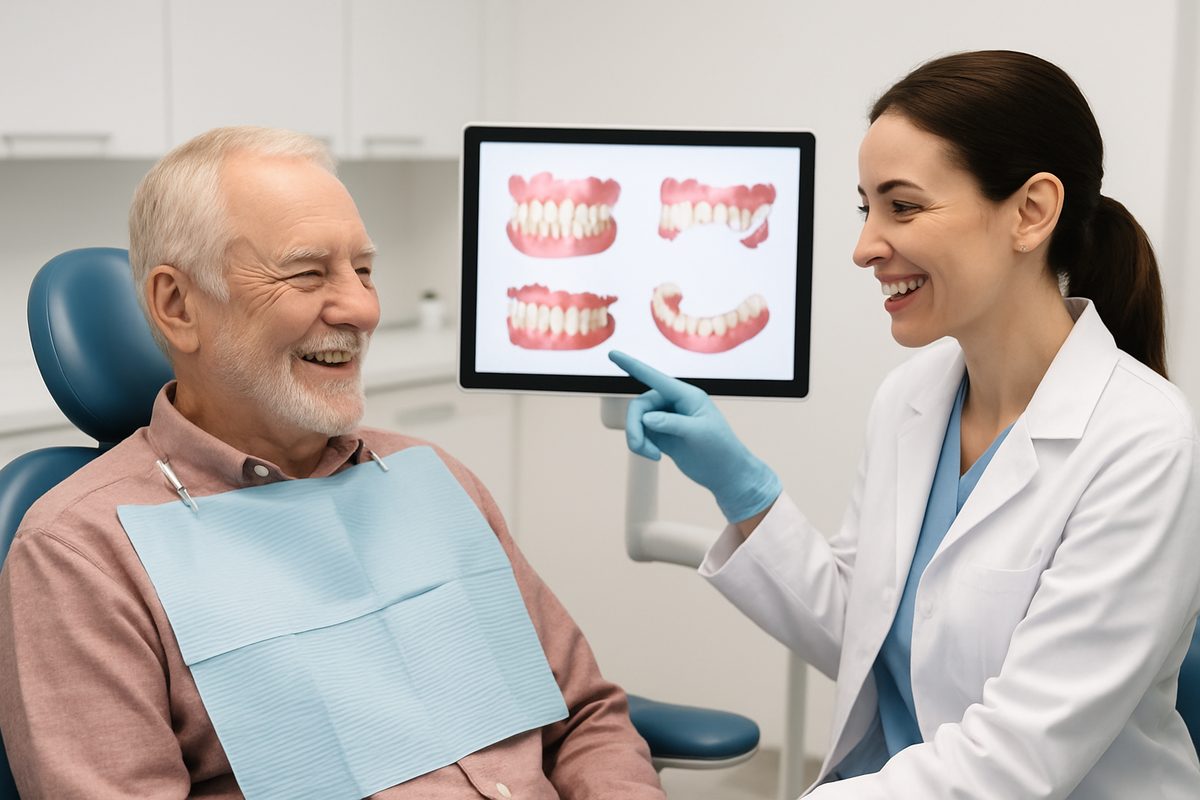 Smiling senior patient in a dental chair, consulting with a friendly dentist about denture options. The dentist is pointing to a digital display showing different denture types. No text on image.