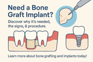 Image of a dentist explaining a bone graft implant procedure to a patient, pointing to a digital scan that shows the bone structure. No text on the image.
