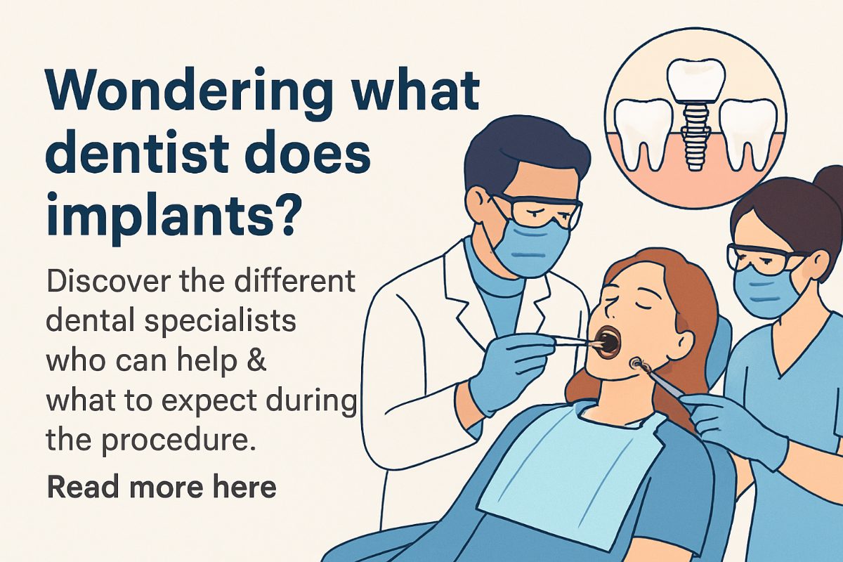 A dentist smiling and pointing to a digital x-ray that shows a dental implant in a patient's jaw. No text on the image.