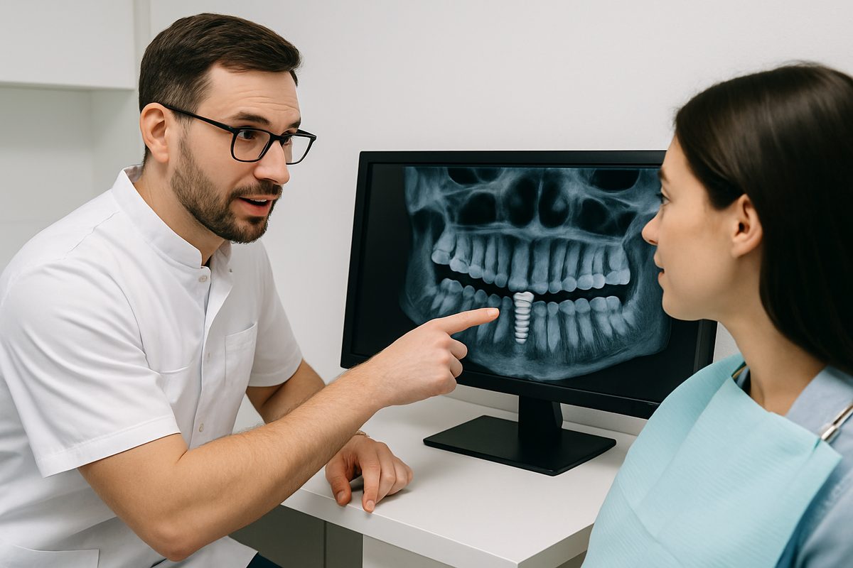 A dentist is consulting with a patient, pointing to a digital scan of their mouth, while discussing information about dental implants as a tooth replacement option. No text on the image.
