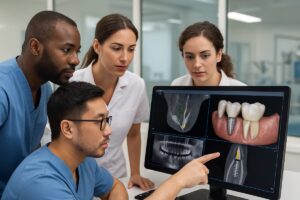 Image of a diverse team of dental professionals collaborating over a digital implant planning interface. The scene is set in a modern dental office. No text on image.