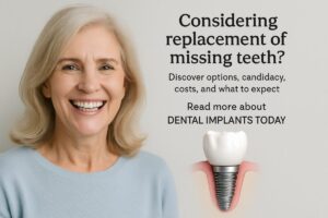 An image portraying the concept of "replacement of missing teeth," showcasing a patient smiling confidently with a full set of teeth after receiving dental implants, next to an x-ray showing a gap in their teeth. No text on image.