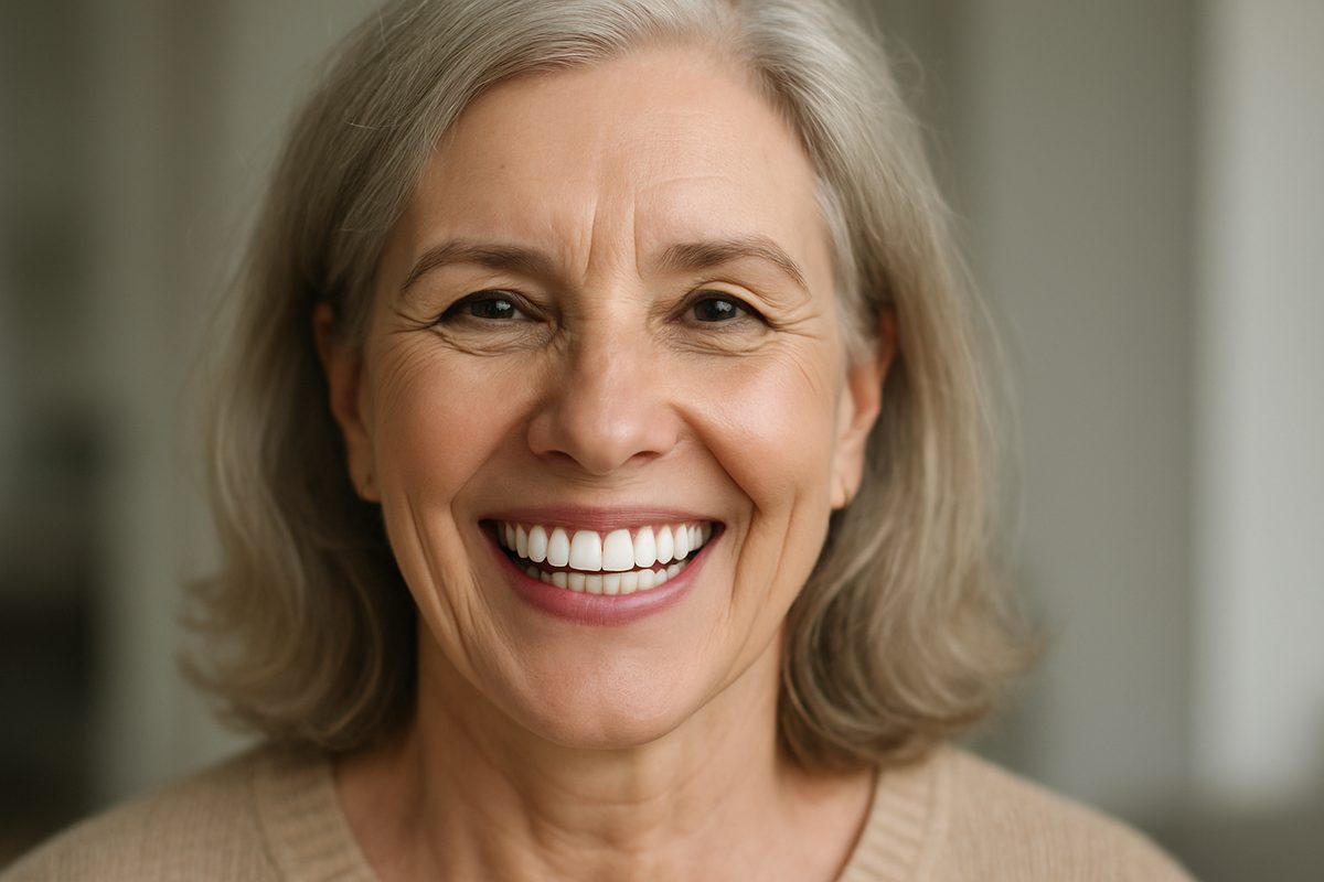 A mature woman is seen happily smiling, revealing a complete set of natural-looking teeth, post full mouth dental implant procedure. The background is blurred, focusing attention on her radiant smile. No text on the image.