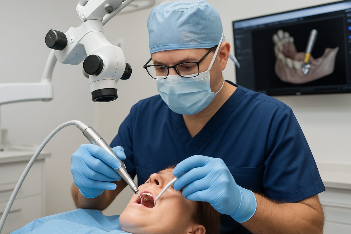Image of a dentist in Flowood, MS carefully performing an implant placement procedure on a patient, using modern dental instruments and technology. The dentist is wearing appropriate surgical attire, and the focus is on the precision and care involved in the process. No text on image.