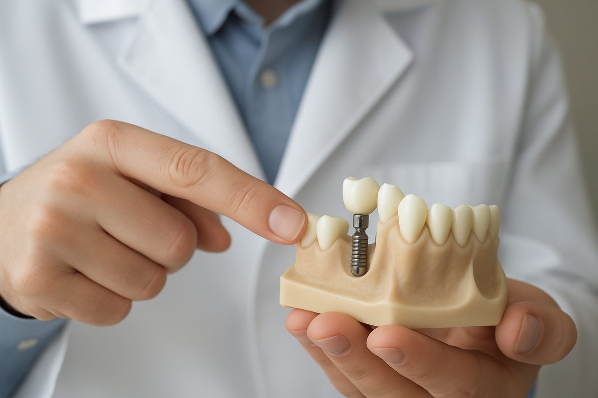 Close-up of a dentist pointing to a dental implant prosthesis (crown) on a patient's model jaw, highlighting the abutment connection. No text on image.