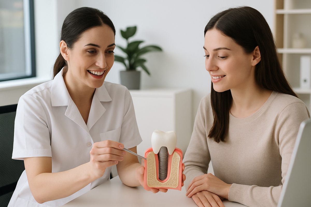 A dentist is consulting with a patient about a dental implant, pointing to a diagram or model of the implant procedure. The office appears modern and inviting. No text on the image.