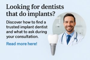 A dentist consults with a smiling patient, pointing to a digital scan of their jaw highlighting potential implant placement. The image conveys trust and advanced dental technology. No text on image.