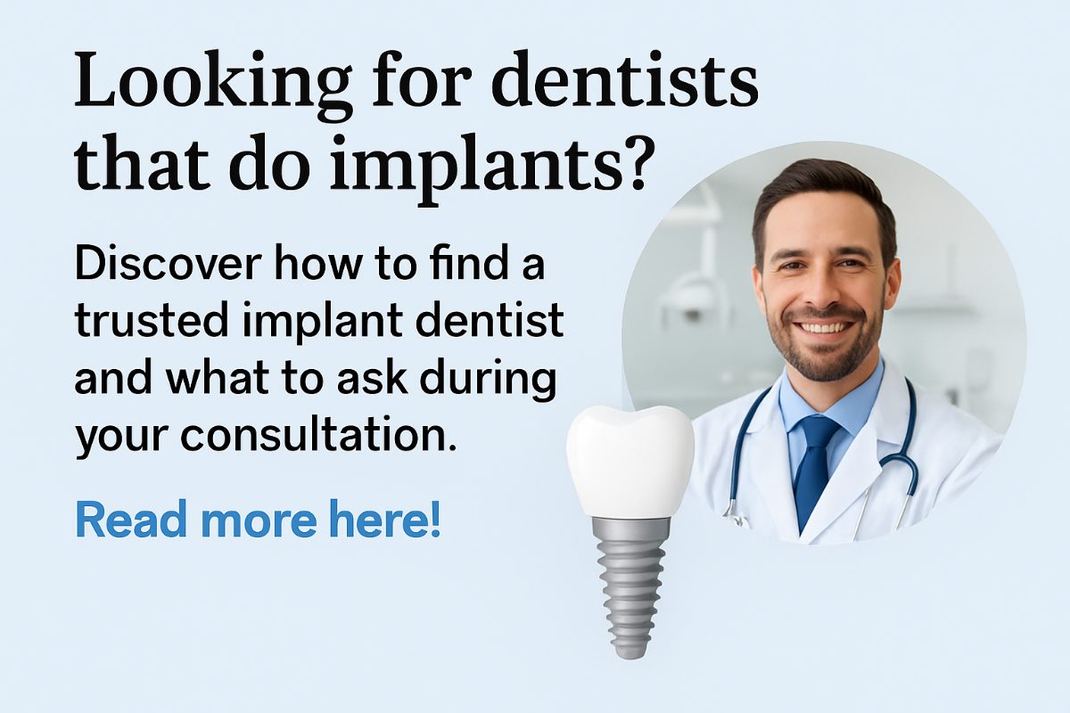 A dentist consults with a smiling patient, pointing to a digital scan of their jaw highlighting potential implant placement. The image conveys trust and advanced dental technology. No text on image.