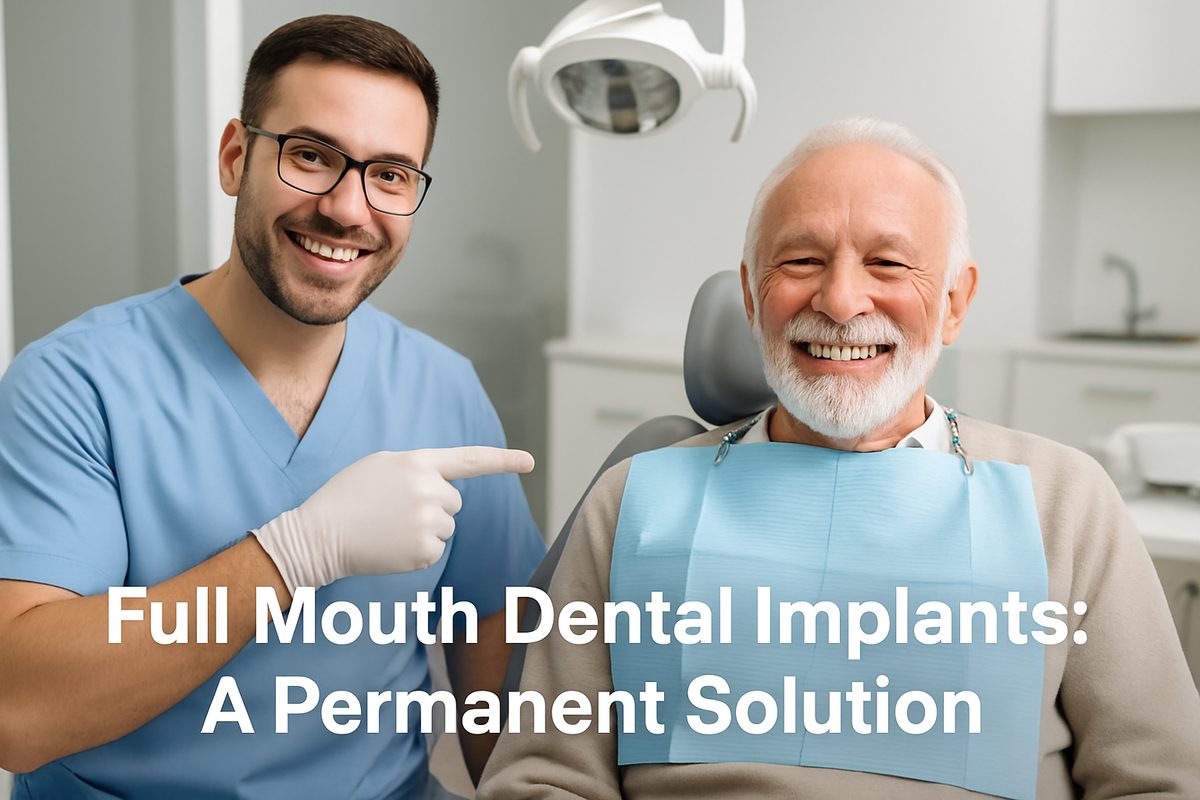 Image of a dentist smiling and pointing to a set of full mouth dental implants on a patient, both are in a modern dental office. The text overlayed on the image says "Full Mouth Dental Implants: A Permanent Solution".