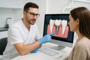 A dentist is consulting with a patient, pointing to a 3D model of dental implants on a computer screen. The scene is a modern dental office, and the atmosphere is professional and reassuring. No text on the image.