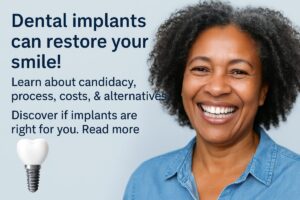 Image of a dentist explaining the dental implant procedure to a patient while pointing to a model of a jaw with implants. The dentist and patient are smiling, and the office environment is modern and clean. No text on the image.
