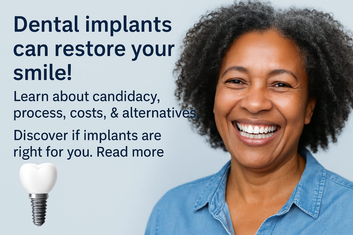 Image of a dentist explaining the dental implant procedure to a patient while pointing to a model of a jaw with implants. The dentist and patient are smiling, and the office environment is modern and clean. No text on the image.