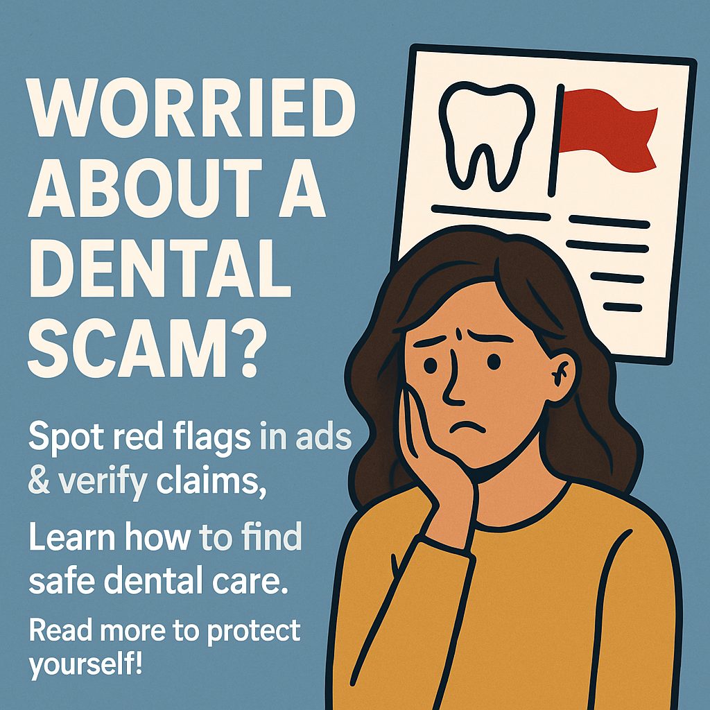 A digitally manipulated dental advertisement shows a woman smiling with perfectly white teeth, but one of her eyebrows is noticeably missing, highlighting the artificial and potentially misleading nature of the ad. No text on the image.