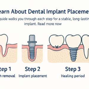 An illustration depicting the steps in dental implant placement. The image is split into sections, each showing a different stage from initial consultation to final restoration, with arrows indicating the sequence. No text on the image.