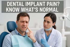 A person in a dental chair is pointing to their cheek in pain, with a dentist beside them looking concerned. Text on image says "Dental Implant Pain? Know What's Normal".
