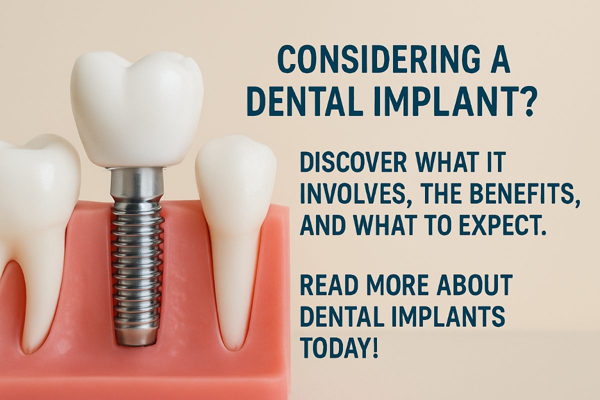 Close-up photo of a dentist using surgical tools to install a dental implant into a patient's lower jaw, with digital screens displaying 3D scans of the patient's mouth in the background. No text on image.