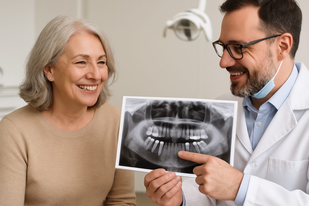 A smiling, mature woman is speaking with a dentist about dental implants. The dentist is indicating the placement of implants on a panoramic x-ray of the patient's teeth. No text on the image.