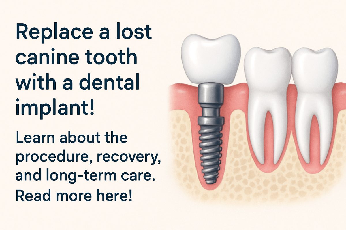 Close up of a dental implant canine tooth being placed in a patient's mouth, with a focus on the precision and alignment of the implant. No text on image.