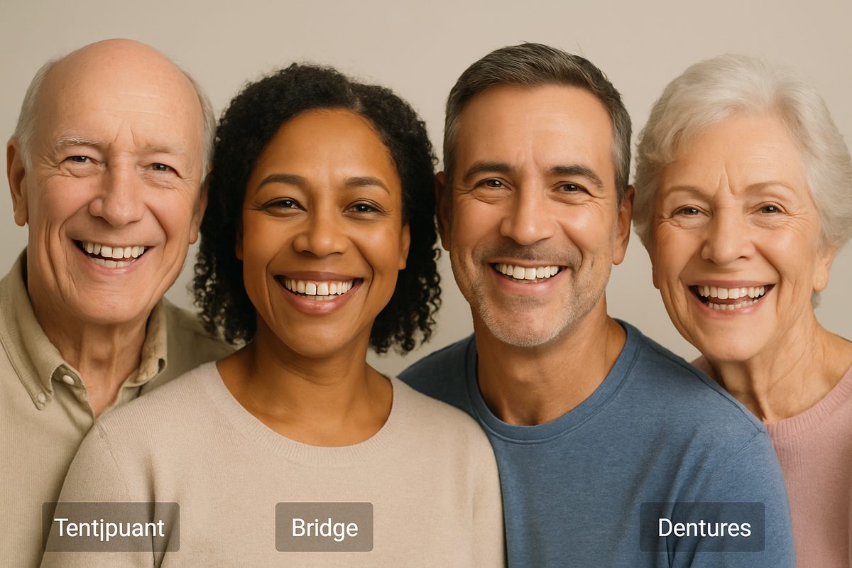 Photo of a diverse group of patients smiling, showcasing various tooth replacement options such as dental implants, bridges, and dentures. The image should convey confidence and satisfaction with their restored smiles. No text on image.