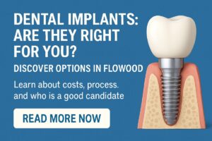 Close up image of a patient smiling with a full set of newly installed, perfect dental implants. The background is blurred to keep focus on the smile. No text on image.