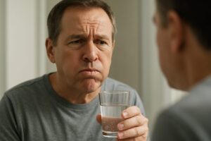 Close up image of a patient post-tooth implant, gently rinsing their mouth with salt water in the mirror. The patient should have a concerned, but calm expression.