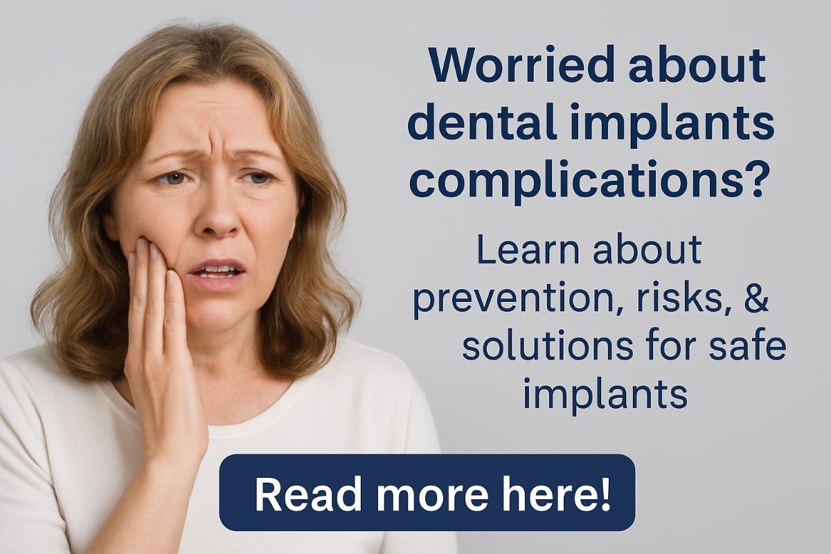 Photo of a dentist explaining the risk and aftercare to a patient. The dentist is pointing to a digital x-ray on the computer that displays a dental implant. No text on the image.