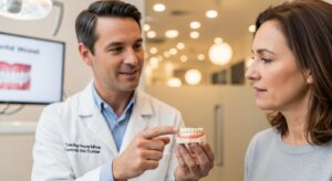 Dentist explaining dental bridges to a patient in a modern office.