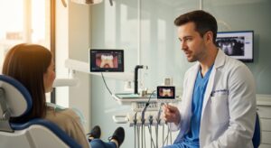 Dentist consulting a patient about tooth sensitivity in a modern dental office