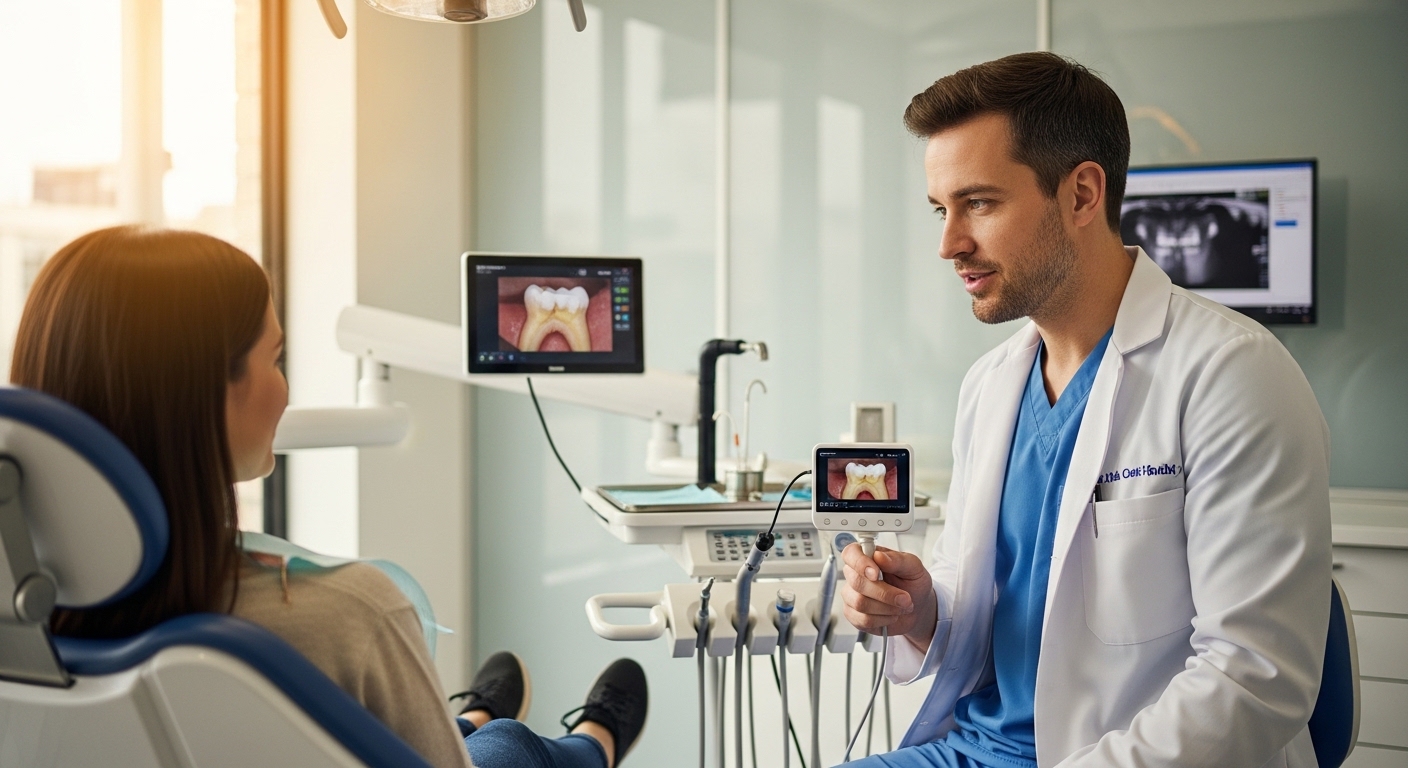 Dentist consulting a patient about tooth sensitivity in a modern dental office